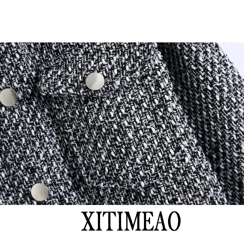 

ZA Women 2021 New Fashion Oversized Checked Woolen Plaid Jacket Coat Vintage Pocket Female Outerwear Chic Tops XITIMEAO