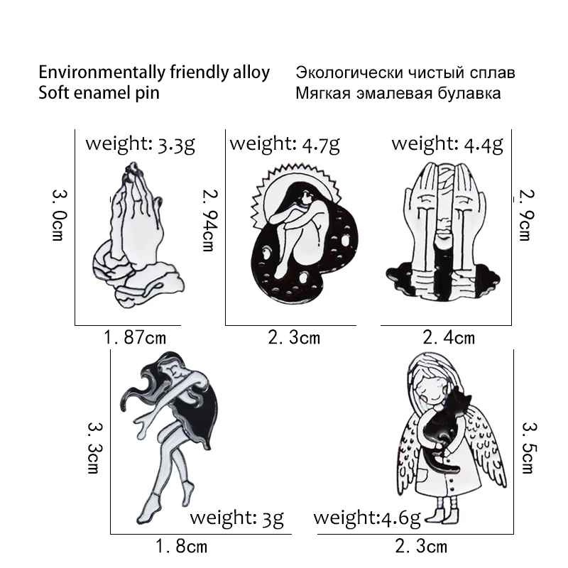 

Cartoon black and white brooch angel wings pray hands sleep woman cat black enamel brooch badge symbol icon backpack jewelry