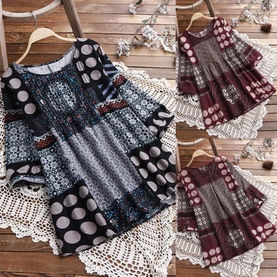 

Shirt Ladies Print Stitching Polka Dot Large Size Retro Ethnic Style Fashion Trend Long sleeves