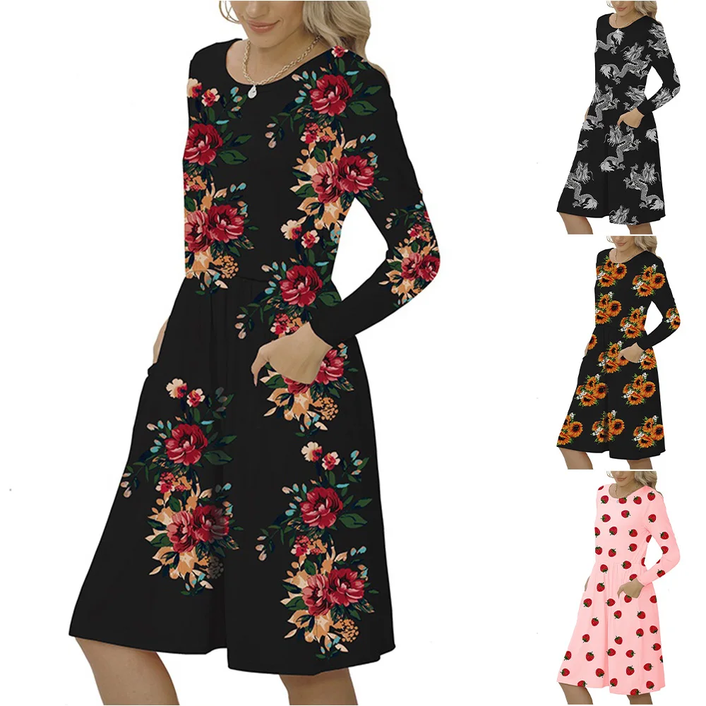 

Women Summer Dragon Floral Printed Long Sleeve Crew Neck Dress Ladies Holiday Casual Dresse Spring Clothes