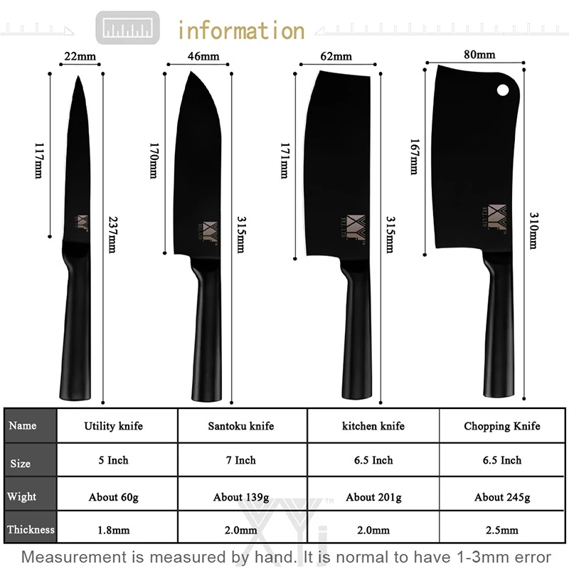 XYJ Kitchen Knife Set Japanese 7&quot Santoku 5&quot Utility 6.5&quot Chef Chopping Knives Holder Stainless Steel Black Blade Cooking Tools | Дом