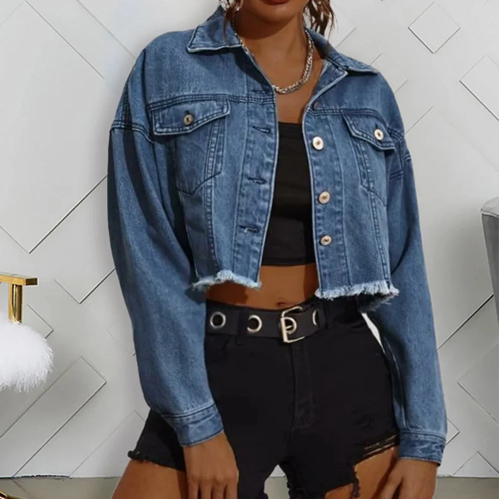 

Unique Denim Jacket Women 2021 Fashion Chic Hole Short Jacket Korean Street Casual Jackets Ladies Back Split Tassels Denim Coat
