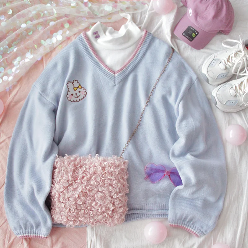 

JCHB Retro V-neck Women Cute Blue Sweater Kawaii Rabbit Embroidery Girls Knitted Jumper Winter Loose Female Pullover Ladies Knit