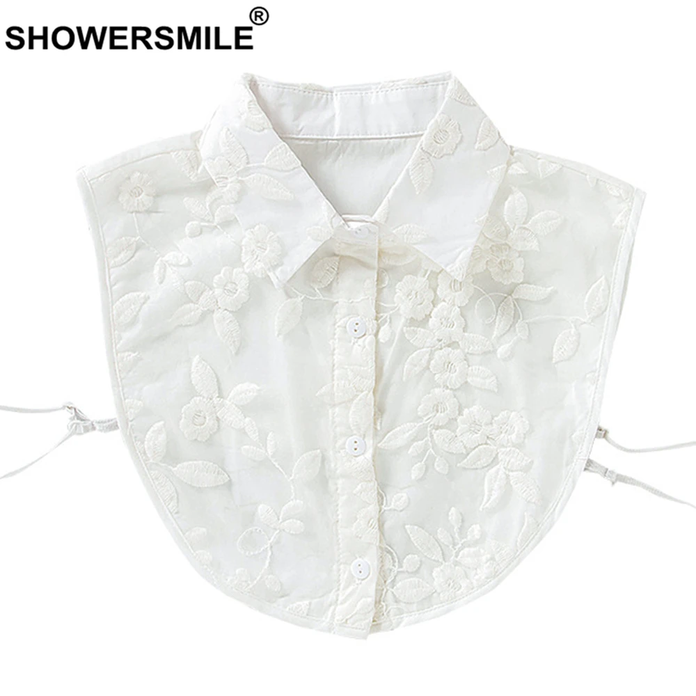 

SHOWERSMILE White Fake Collar Flower Embroidery Lapel Fake False Collar Ladies Shirts Detachable Collar