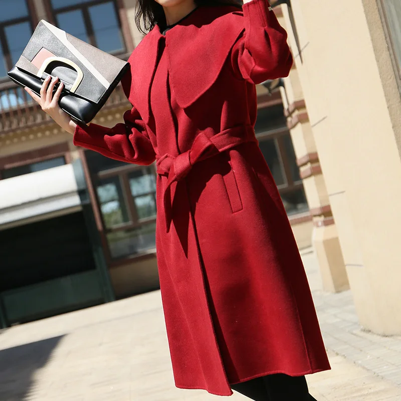 

Женская двухсторонняя шерстяная шаль, черное пальто из 2020-ной шерсти с поясом на шнуровке, длинная свободная куртка в Корейском стиле, зима ...