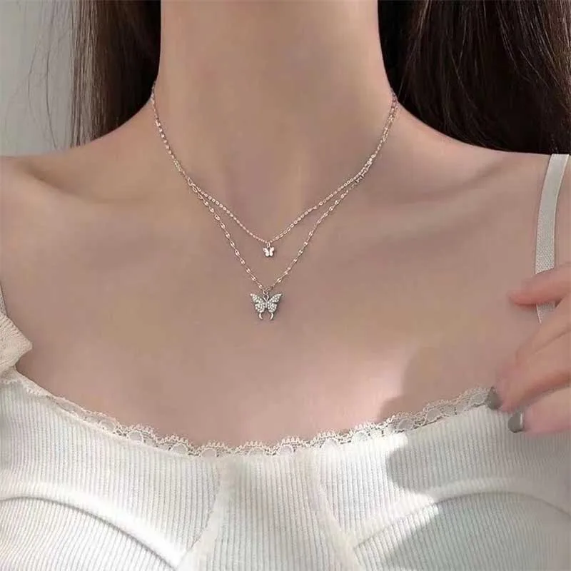 

925 Sterling Silver Shiny Butterfly Necklace Double Layer Clavicle Chain Necklace For Women Jewelry Wedding Party Birthday Gift