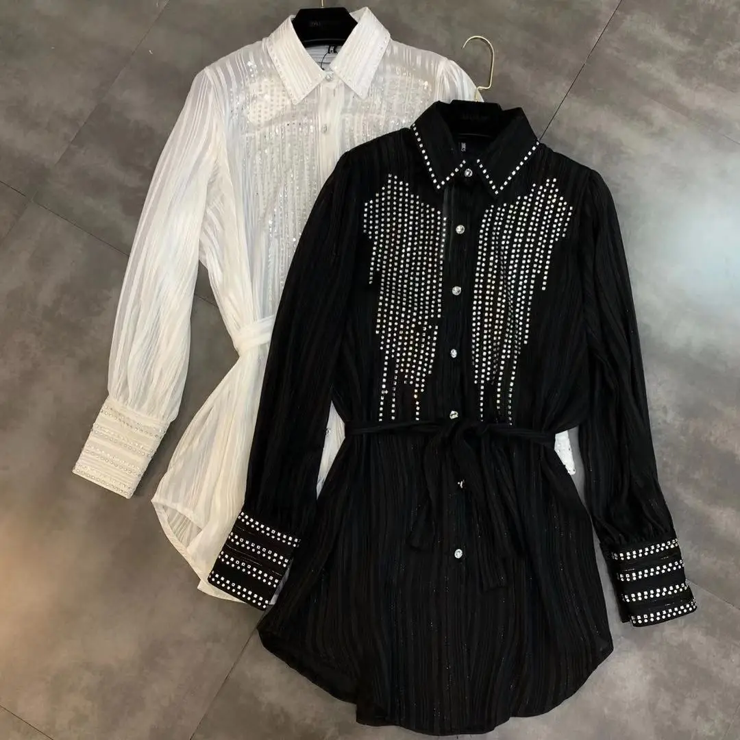 

Blusas Blouse Plus Size Women's Shirt Rhinestone Bright Belt Long Female Woman Clothing New Lapel Sleeve 2020 Spring Chiffon