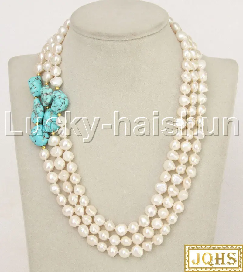 

JQHS Natural 18" 3row Baroque White Freshwater Pearls Blue Turquoise Beaded Strand Knotted Necklace J11868
