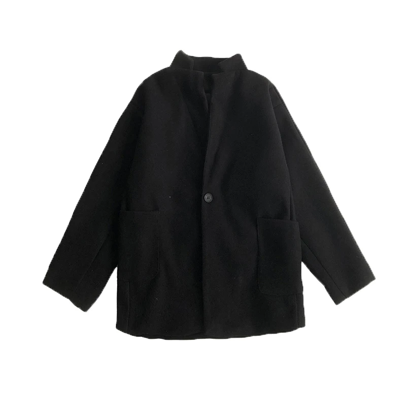 

Men Blends Single Button V-neck Solid Loose Male Winter Outwear Long Sleeve Pockets Korean Style Ulzzang Student Fashion Leisure