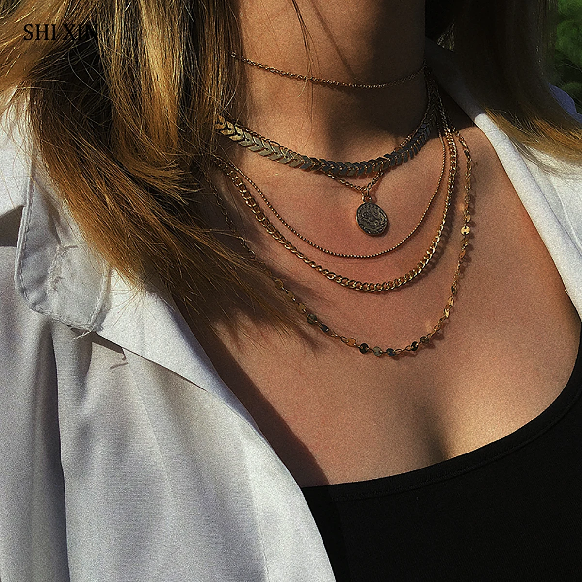 Многослойное женское ожерелье цепочка SHIXIN в стиле панк модное с кулоном виде