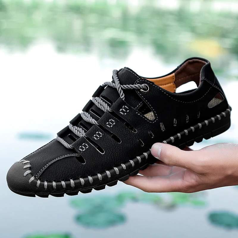 

Hot Sale Men's Sandals Fashion Plus Size Sandals Man Summer Breathable Genuine Leather Flats Outdoor Beach Man Shoes sandalias