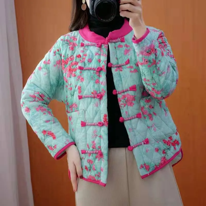 

2021 New Arrival Winter Arts Style Women Casual Vintga Print Single Breasted Coat All-matched Cotton O-neck Winter Coat W151