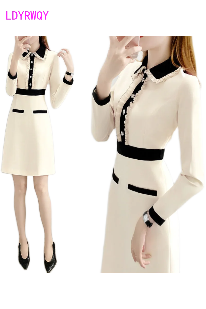 

Autumn 2020 new female temperament retro French dress female spring and autumn waist Office Lady Knee-Length
