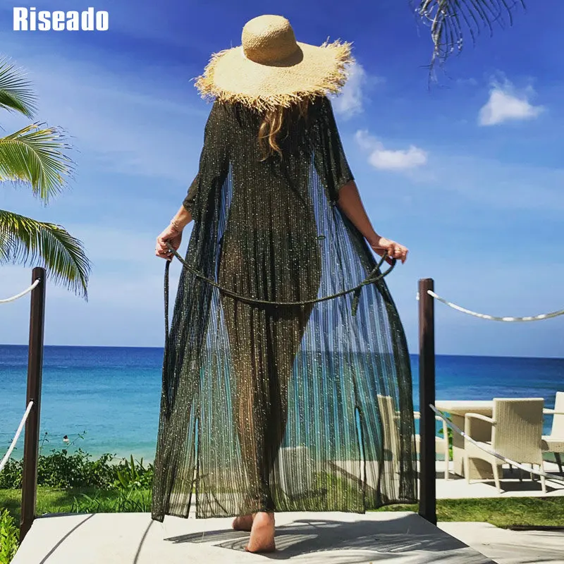 Riseado, новинка, пляжная одежда, накидка, бикини, сексуальное, Сетчатое, длинное, Пляжное платье, купальник для женщин, половина рукава, купальник, купальники