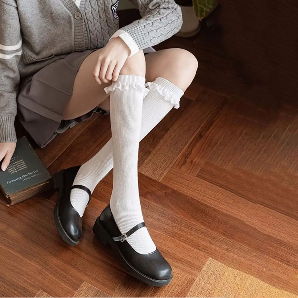 

Lolita Sweet Bow Lace Calf Socks Knitted Basic Cotton Stockings Female College Style Jk Uniform Socks
