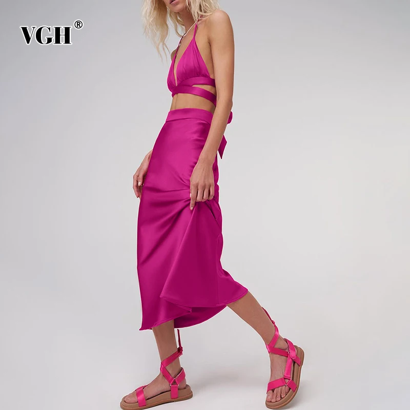 

Женская Длинная атласная юбка VGH, повседневная однотонная облегающая юбка с высокой талией, красного цвета, в Корейском стиле, лето 2021