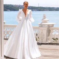 simple puffy long sleeves satin wedding dresses for women beach v neck leather belt a line pleats backless bridal gown 2022