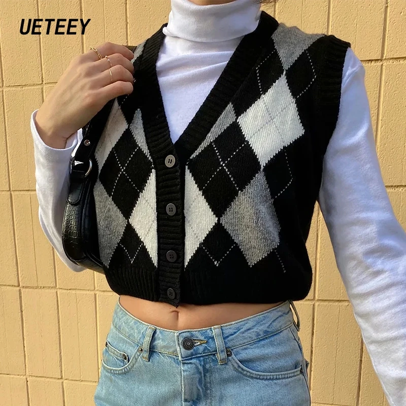 Za Women's Sweaters Knitted Crop Topd Vest Jumpers Sleeveless Female Knitwears Vintage Jackets V neck Coats 2021 Korean Knit Top | Женская