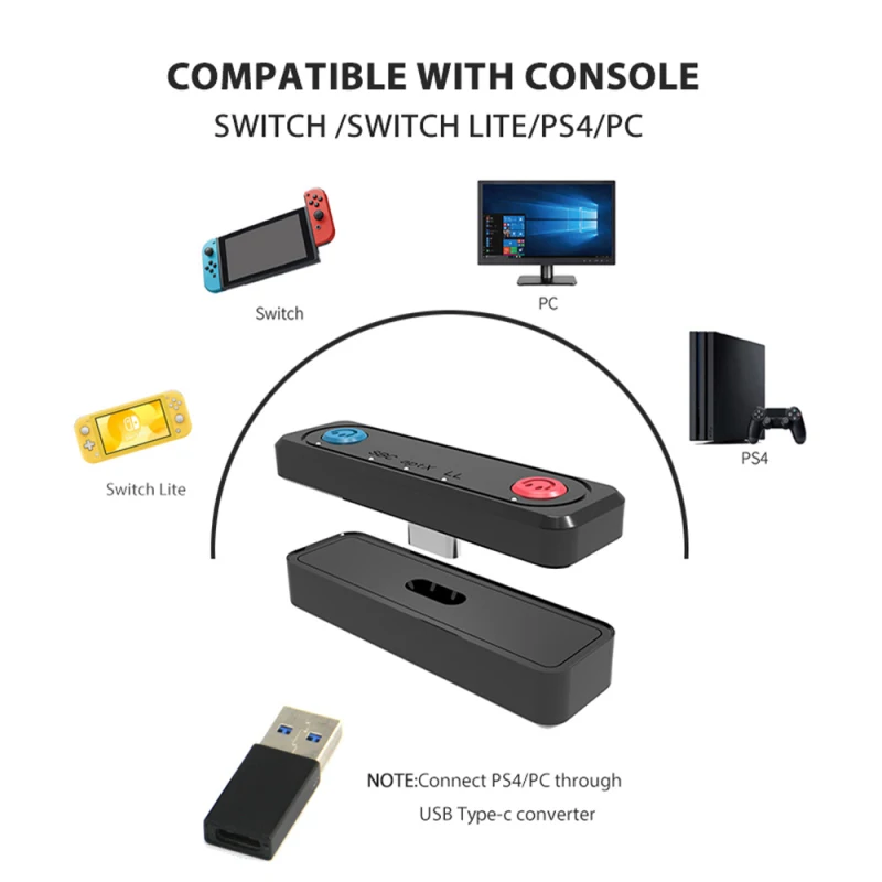Передатчик Bluetooth Type C V5.0 A2DP SBC с низкой задержкой и микрофоном для Nintendo Switch/Lite PS4 TV PC