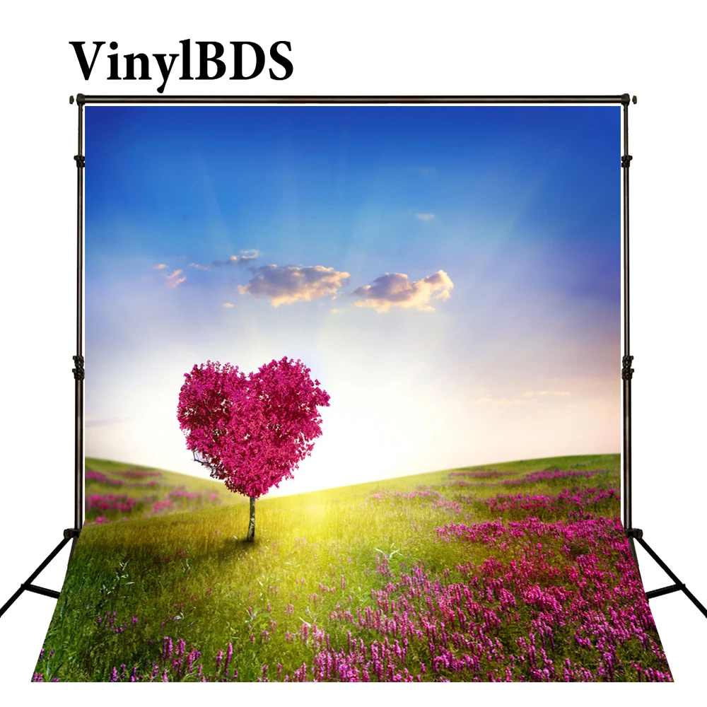 

VinylBDS День Святого Валентина фотография фон розовый любовь дерево и зеленый луг фон голубое небо фон для студии