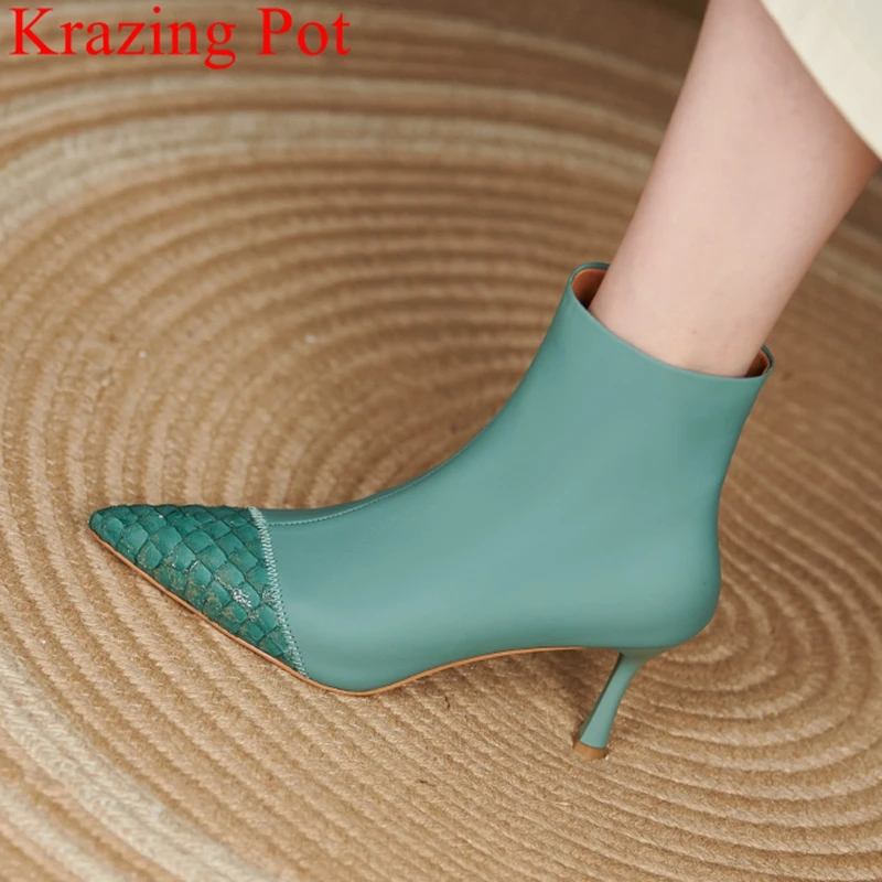 

Krazing Pot fashion sheep leather modern boots warm winter shoes pointed toe patchwork concise office lady zipper ankle boots