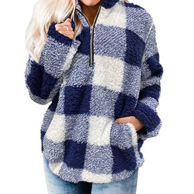 

2020 New Autumn and Winter Ladies Thickened Fleece Contrast Color Plaid Pocket High Neck Zipper Women Warm Sweater XL 2XL