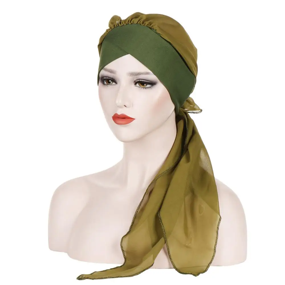 

2020 foreign trade new style European and American forehead cross Baotou cap Pure color fashion chiffon long tail Baotou cap in