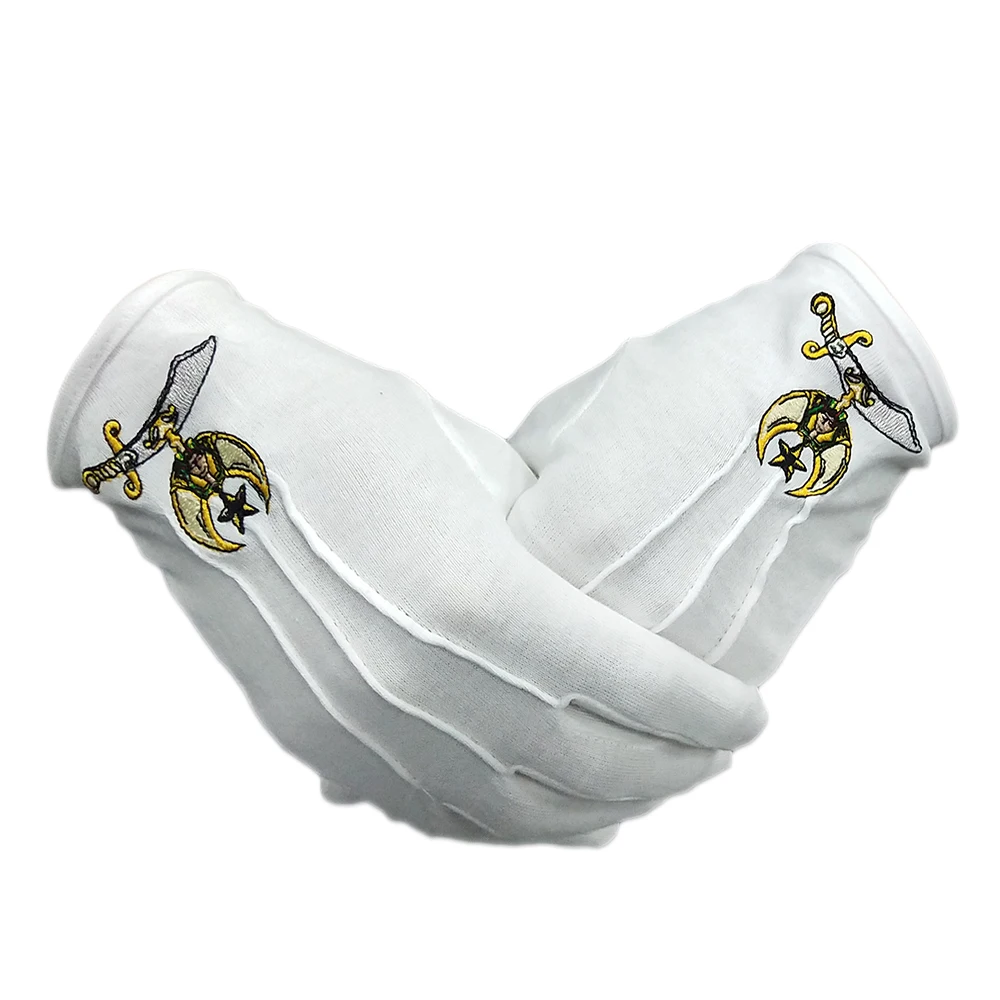 

Shriner Symbol Hand Embroidered Cotton Masonic White Gloves Party Officer Gifts Cosplay Logo Gloves Large Size Breathable Soft