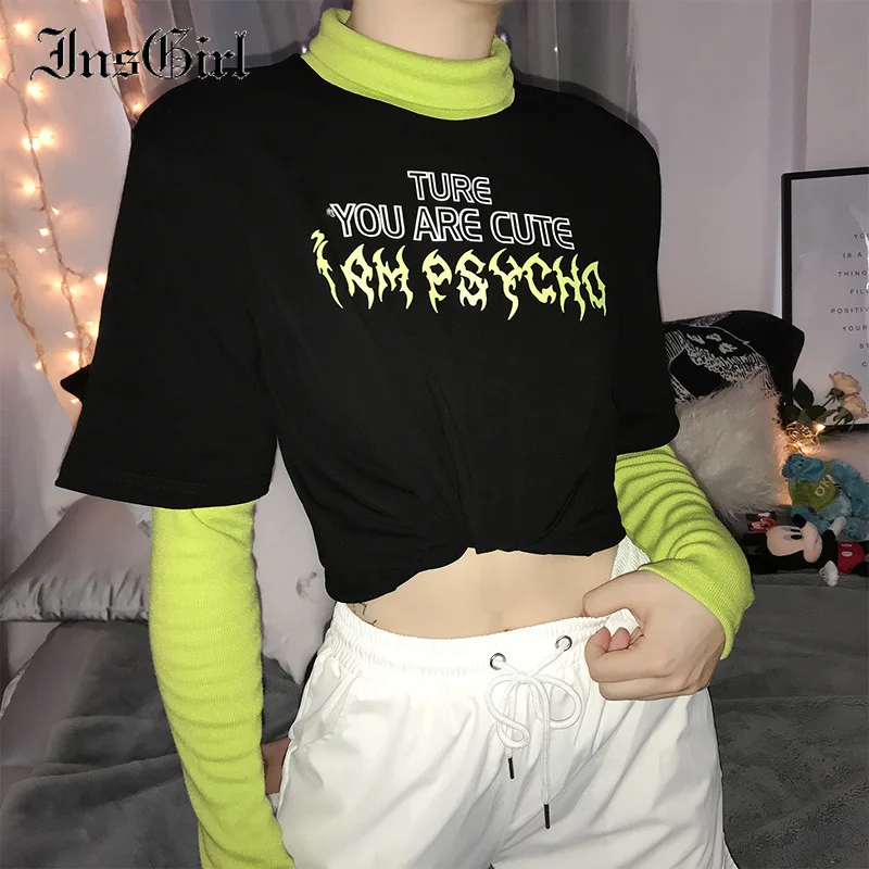 InsGirl Harajuku гранж модная женская футболка с буквенным принтом высоким плотно
