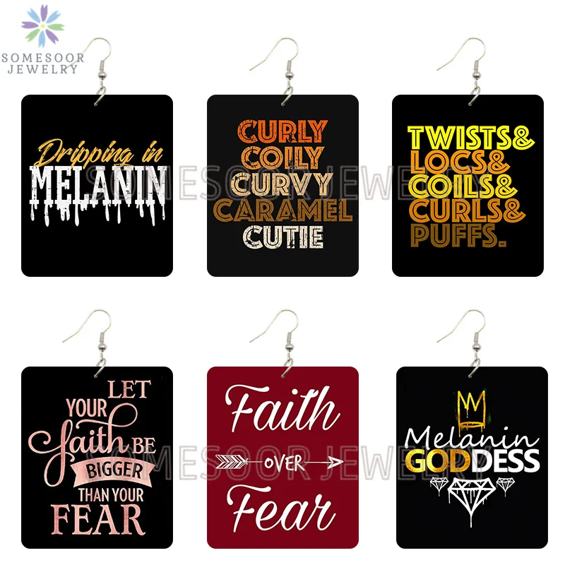 

SOMESOOR Faith Over Fear Inspired Sayings Printed Wooden Drop Earrings Poppin Melanin Goddess Locs Rectangle Dangle For Women