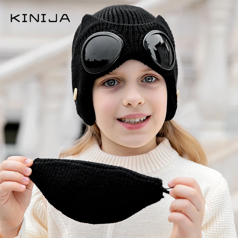 Унисекс Детский Зимний спорт на открытом воздухе очки вязаная Лыжная Шапка Кепка