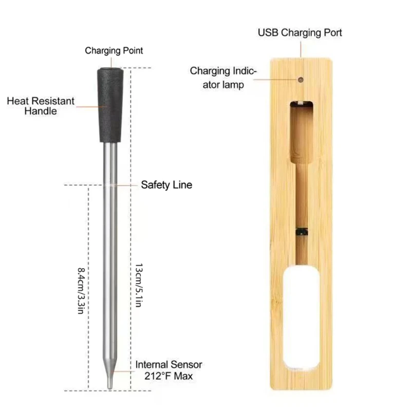 

Kitchen Wireless Long Range Smart Meat Thermometer USB Rechargeable Oven BBQ Barbecue Food Cooking Temperature Tester
