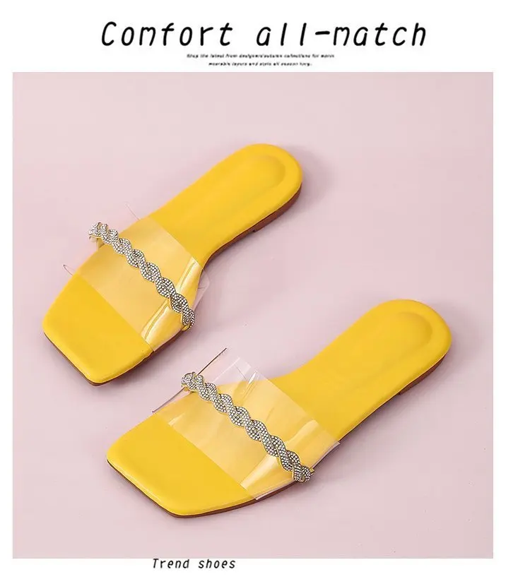 

2021 sandals women's one-word sandals and slippers, summer fashion, flat-bottomed rhinestone open-toed sandals and slippers