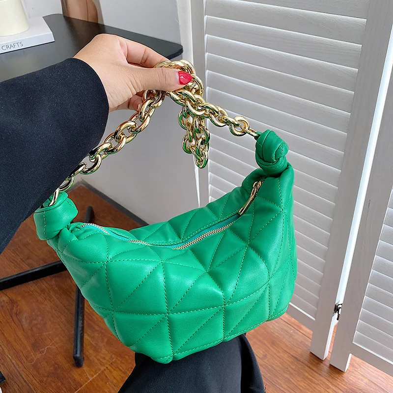 

Brand Designer Women's Thick Chain Lingge Small Underarm Baguette Bag 2021 Winter Shoulder Handbags High Quality Pu Leather