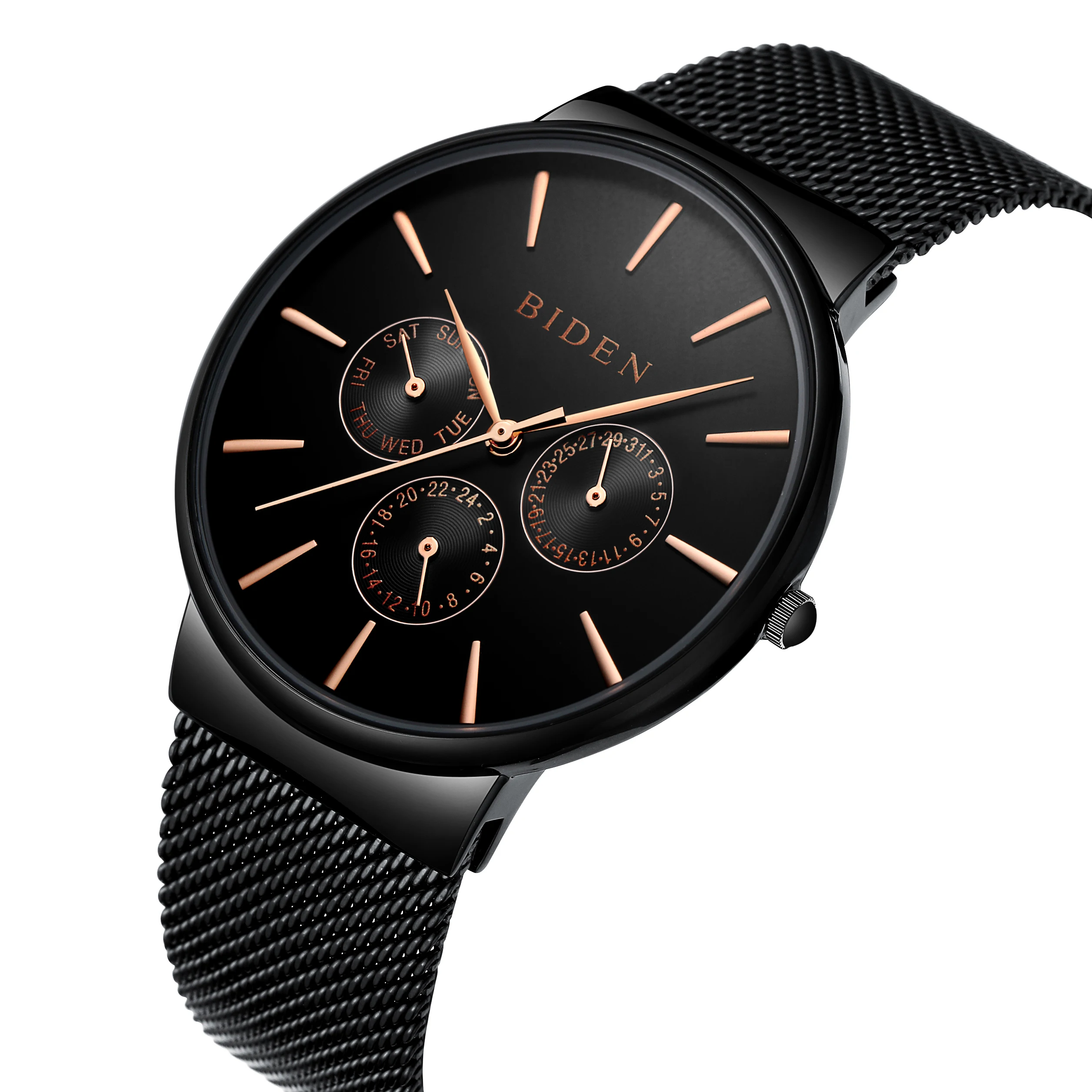 

BIDEN Fashion Montre Homme Hot Sale Quartz Mesh Steel Wrist Watches Waterproof Complete Calendar Erkek Kol Saati Reloj Men Clock