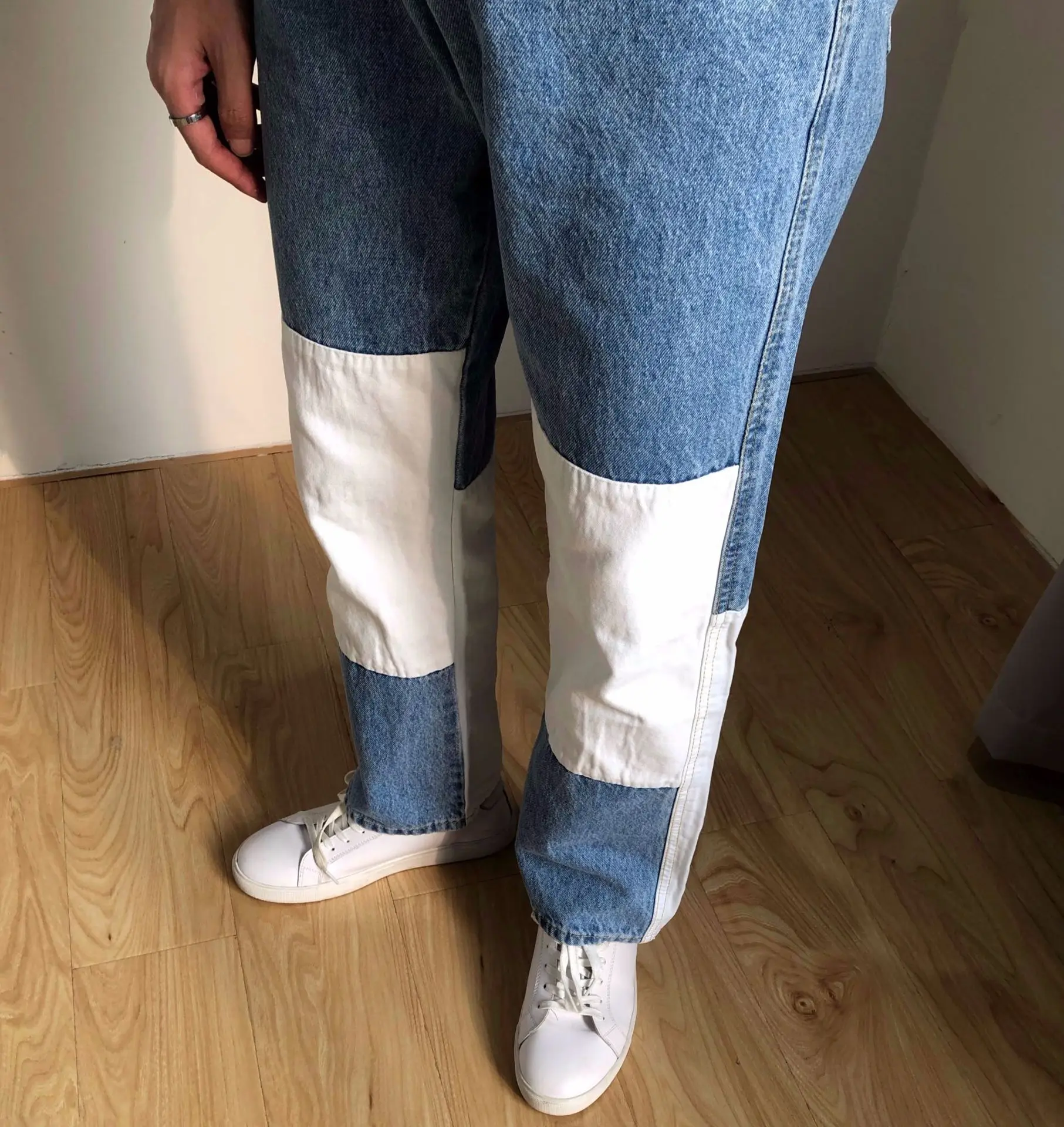 2020 Blue White Spliced Jeans Men's Fashion Baggy Jeans Autumn Straight Pantalettes Hip Hop Jeans Vintage Jeans Mens Loose Jeans