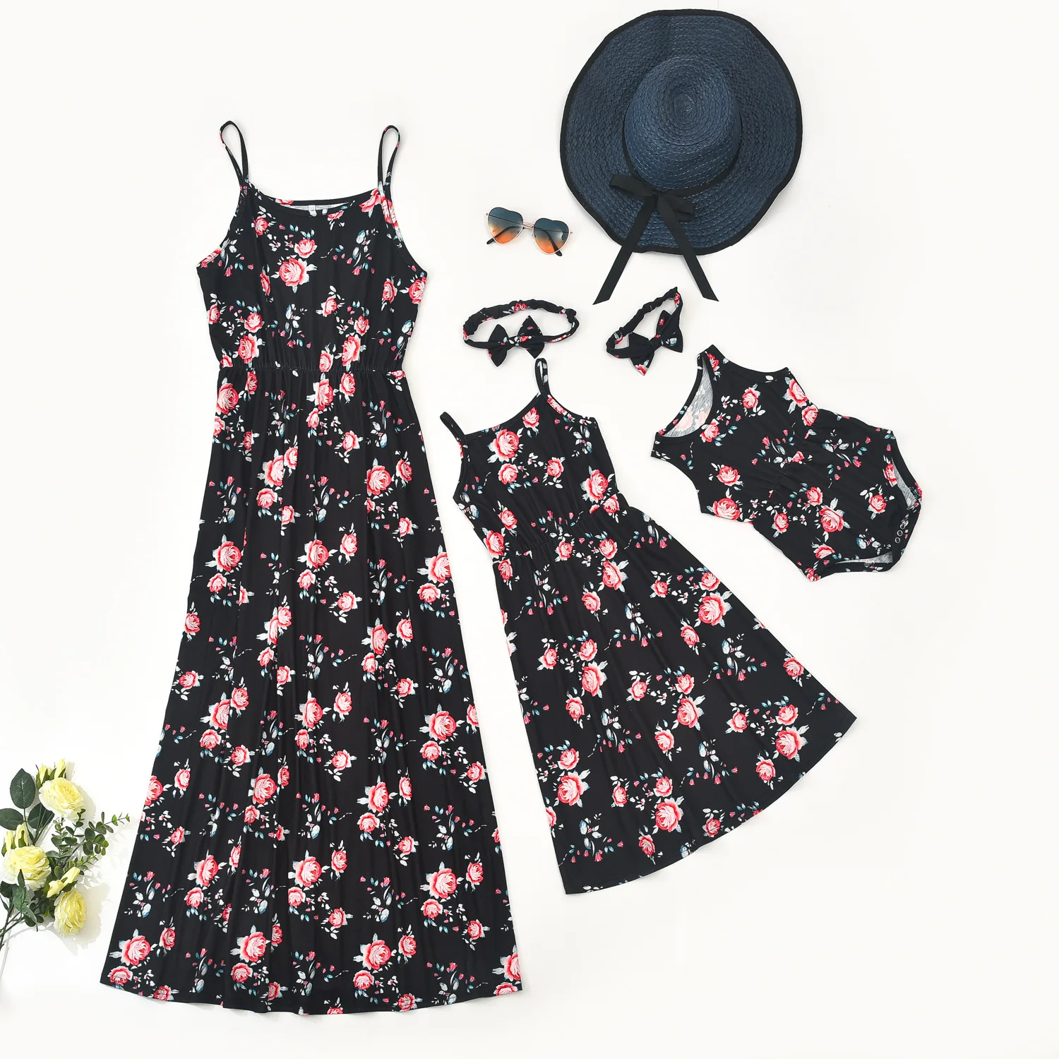 

Family Matching Outfits 2021 Summer Black Floral Printed Strapless Long Dresses Mother Daughter Dress Baby Rompers Family Look