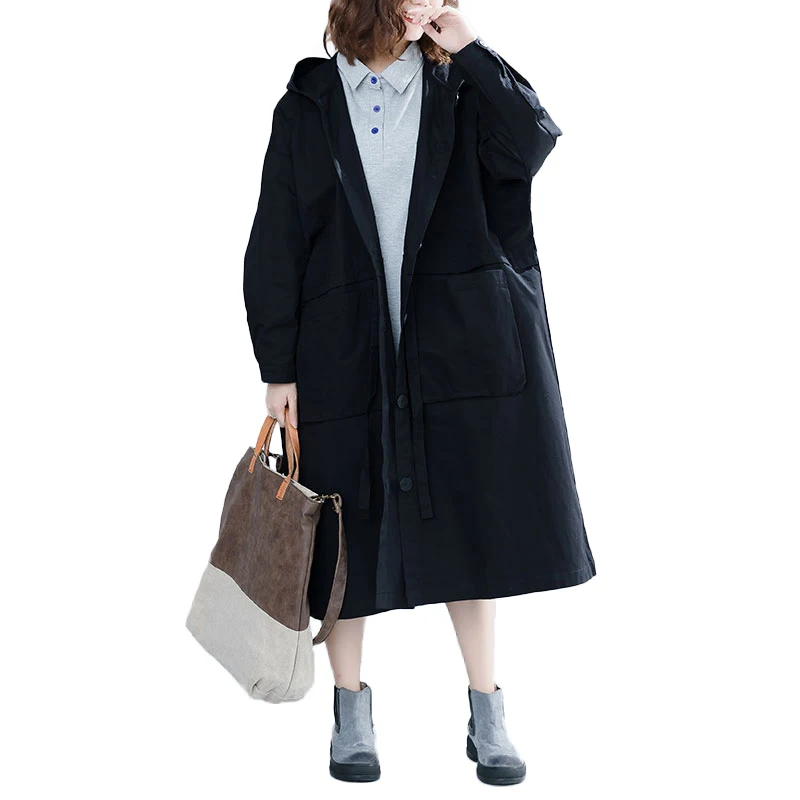 

Women Oversized Coat Hooded Single Breasted Drawstring Waist Loose Parka Coat Casual Long Outwear Black