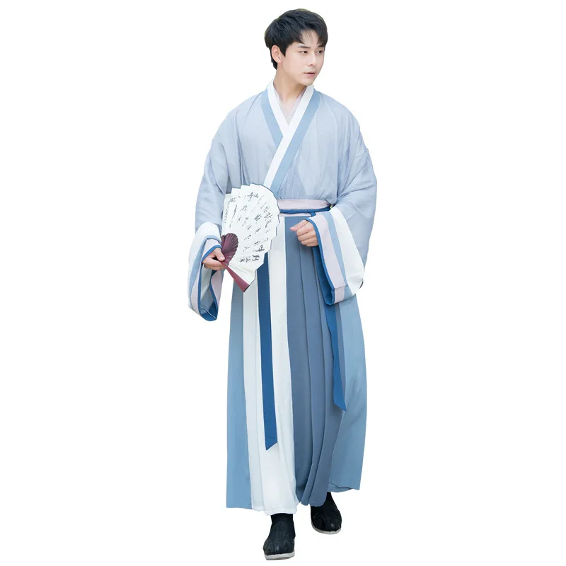 

Hanfu Oriental Costume Chinese Song Ming Dynasty Men Blue TraditionalChinese Clothing Folk Dance Stage Wear Rave Outfit DN4892