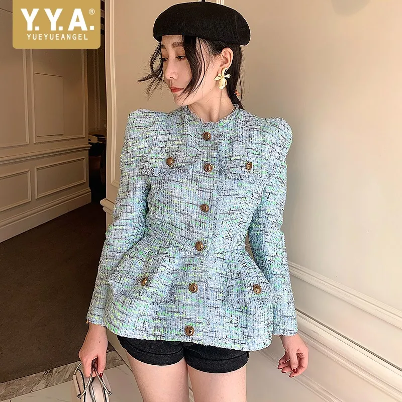 

Elegant Womens New Short Slim Ruffle Tweed Jackets Office Lady Tassel Diamonds Single Breasted O-Neck Puff Sleeve Fashion Coat