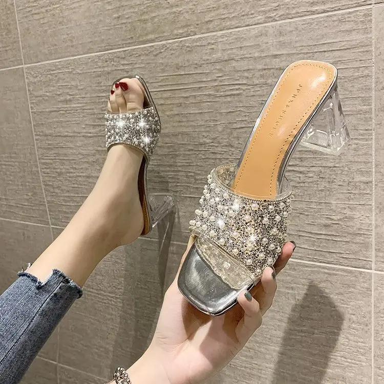 Slippers Women Summer Outside Transparent 7cm High Heels Modern Slippers Fashion Blingbling Sexy All-match Square Heel Beaded