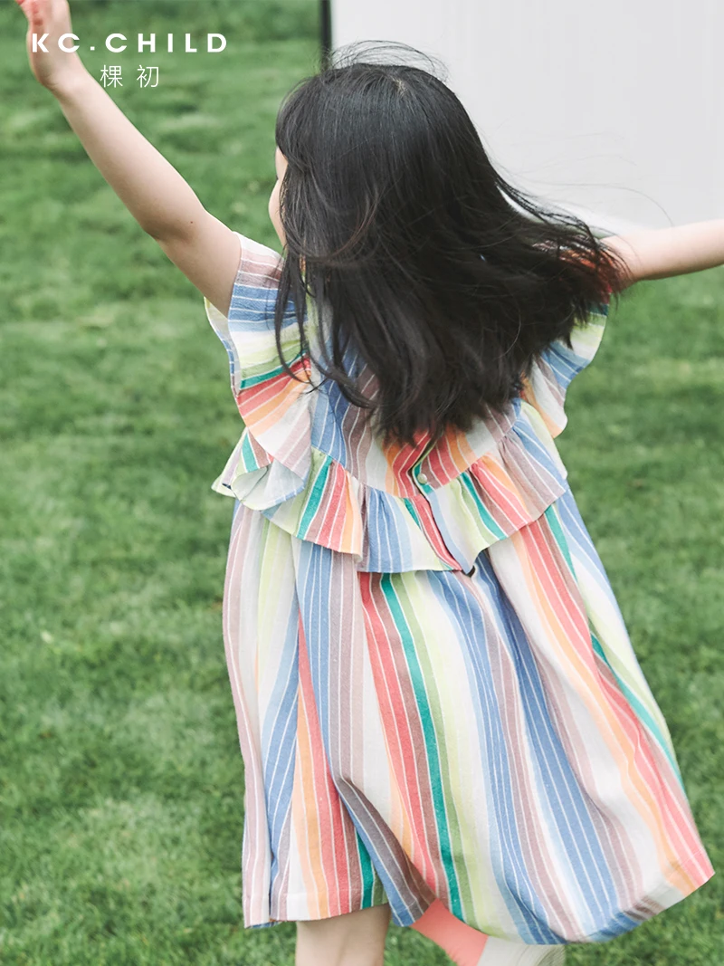 KC.Child Girl's Rainbow Dress with Ruffles Breathable Cotton Linen Fabric Kid's for Summer Age2-10Y | Детская одежда и