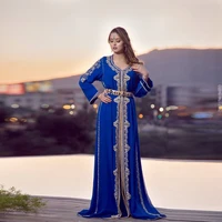 blue moroccan caftan chiffon evening dresses long sleeve lace appliques arabic muslim women formal party gowns vestidos ev226