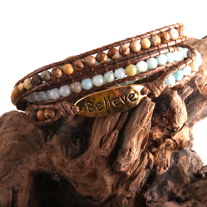 RH Fashion Boho Bracelet Armbander Believe Metal Charm Natural Stones 3 Strands Woven Wrap Bracelets Dropshipping | Украшения и