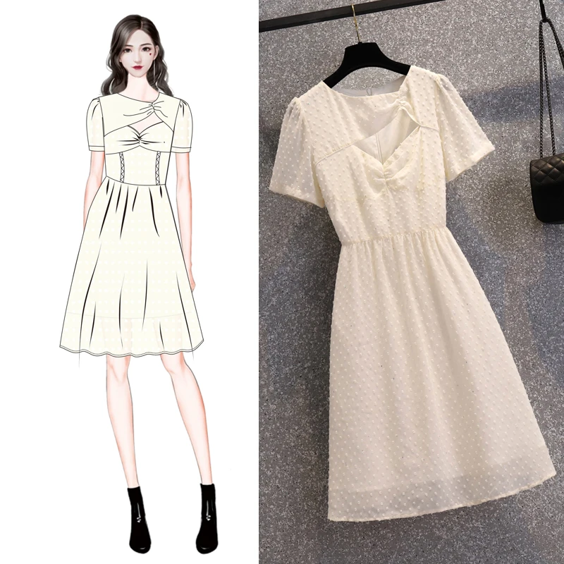 

COIGARSAM Office Lady Solid Women one-piece dress korean New Summer Short Sleeve V-Neck Dresses Apricot 5013