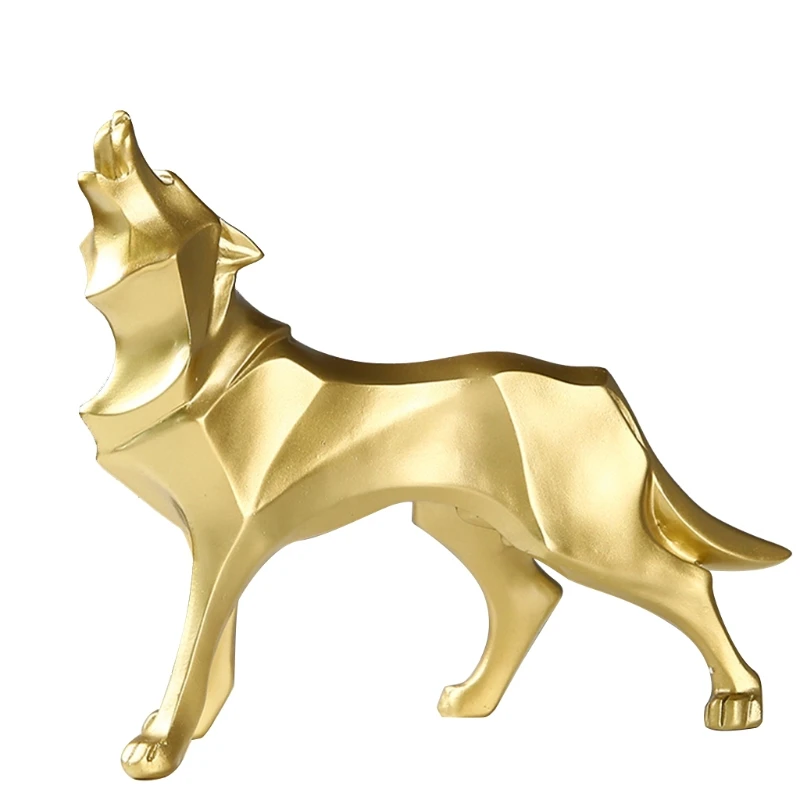 

X37E Nordic Abstract Resin Wolf Statues Metallic Carved Geometric Animal Sculpture
