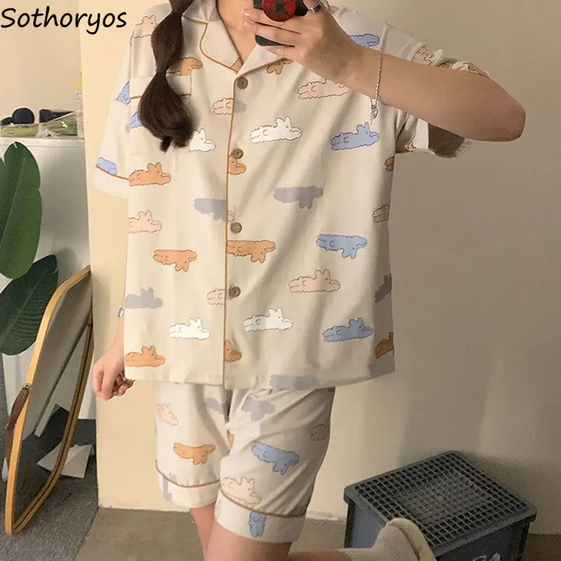 

Printed Pajama Sets Women Short Sleeve Tops Lovely Teenagers Shorts Cozy Breathable Sleepwear High Quality Females Lounge Trendy