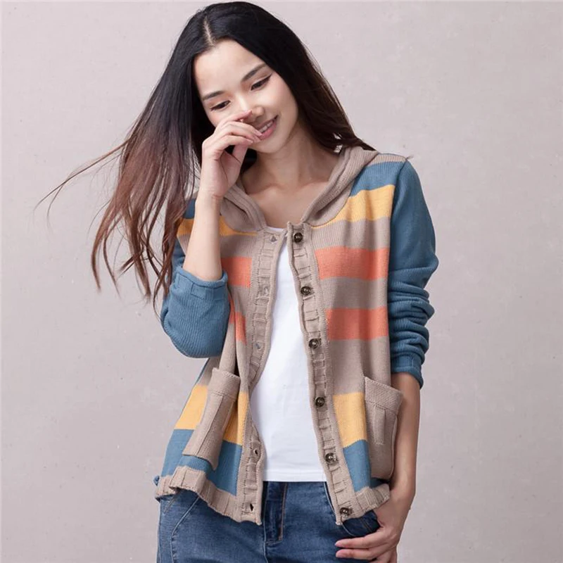 Женский трикотажный кардиган с капюшоном Повседневный хлопковый в полоску двумя