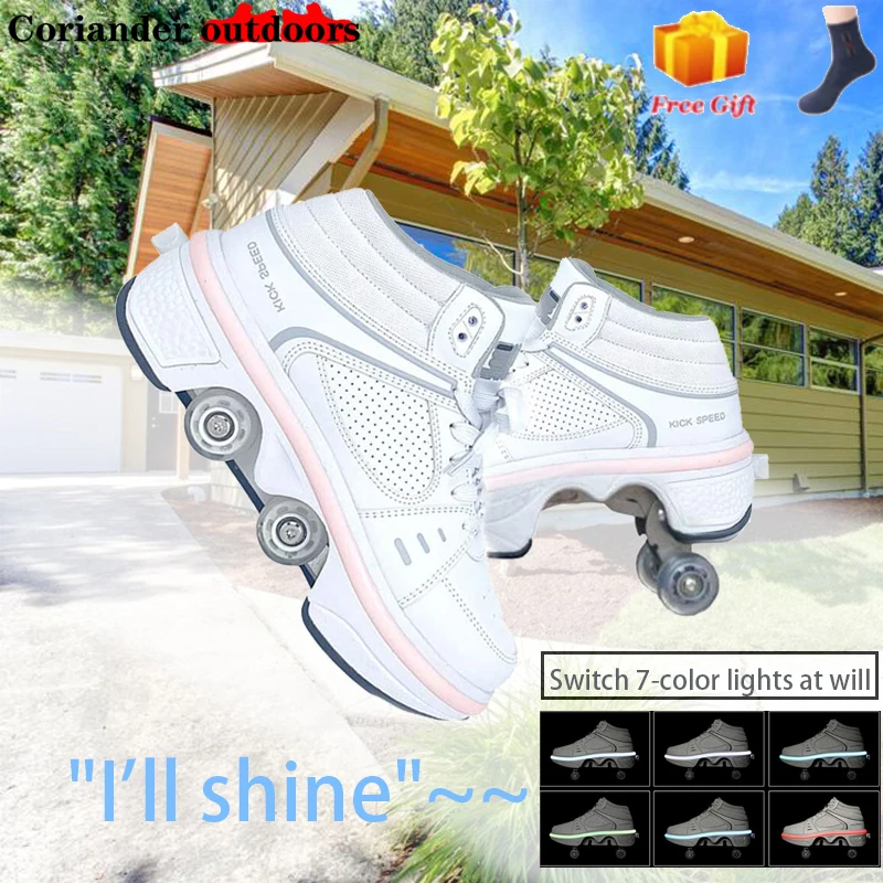 

Deformation Parkour Shoes with Four wheels Rounds of Running Sneaker Woman Roller Skates shoes adults kids unisex Roller Skating