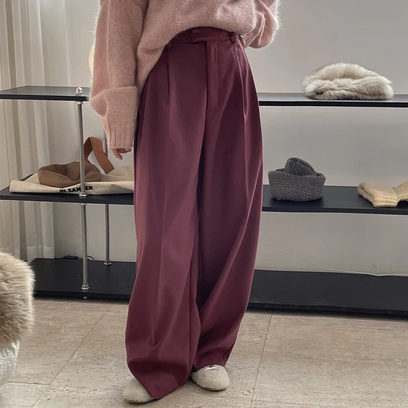 Autumn and winter women's casual solid color high waist loose wide-leg pants